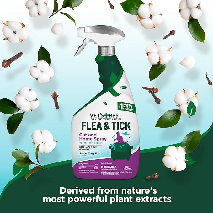 Vet’s Best Flea & Tick Home Spray for Cats – Cotton Spice Scent Cat Flea & Tick Aid – Made in The USA – Flea & Tick Gentle Mist for Cats – 32oz, Pack of 2