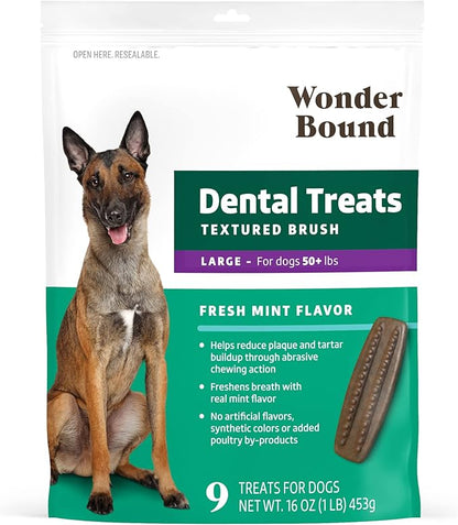 Amazon Brand - Wonder Bound Dog Dental Treats for Large Dogs (Over 50 lbs), Fresh Mint Flavor, Made with Real Chicken, Nubbed Texture for Plaque & Tartar Control, Freshens Breath While Chewing 9 Count
