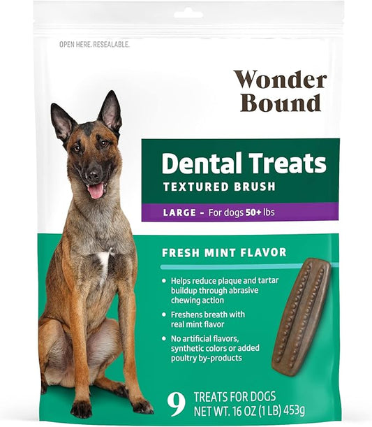 Amazon Brand - Wonder Bound Dog Dental Treats for Large Dogs (Over 50 lbs), Fresh Mint Flavor, Made with Real Chicken, Nubbed Texture for Plaque & Tartar Control, Freshens Breath While Chewing 9 Count