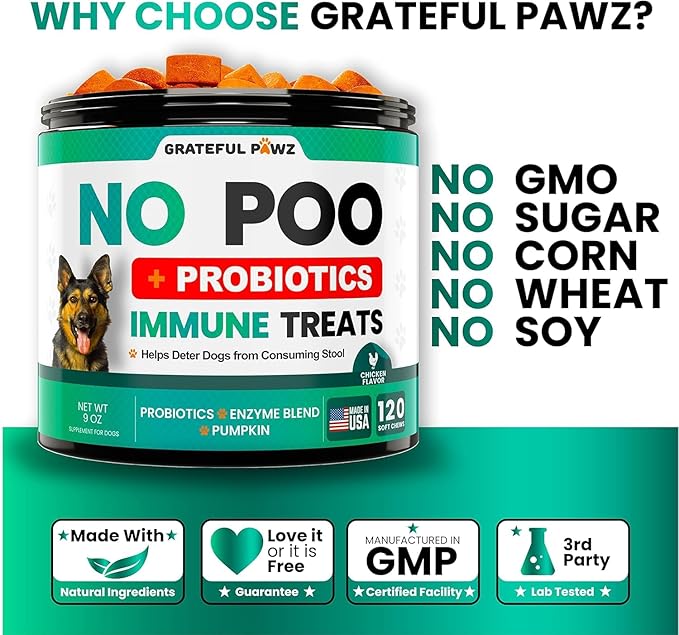 Grateful Pawz No Poo Chews for Dogs - Coprophagia Stool Eating Deterrent for Dogs -120 Chews Prevent Dog from Eating Poop - Stop Eating Poop for Dogs Supplement