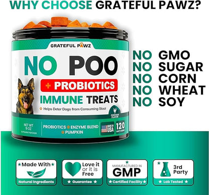Grateful Pawz No Poo Chews for Dogs - Coprophagia Stool Eating Deterrent for Dogs -120 Chews Prevent Dog from Eating Poop - Stop Eating Poop for Dogs Supplement