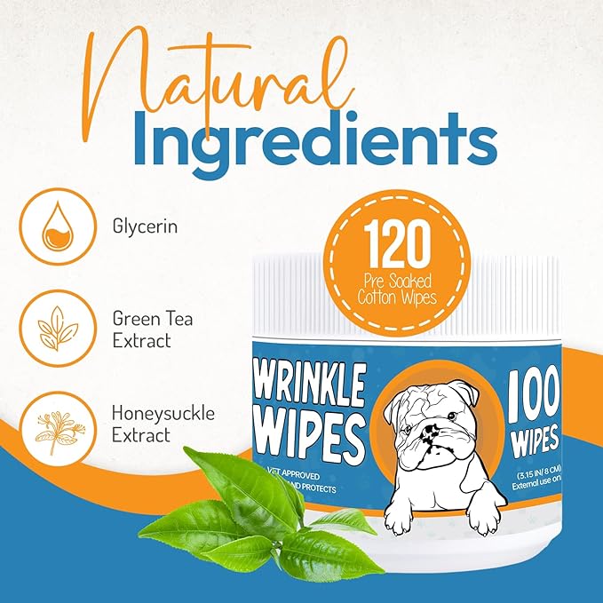 Wrinkle Wipes for Dogs - 100 Count Dog Wrinkle Wipes French Bulldog, English Bulldog, Pugs - 3.15 in Large Bulldog Face Wipes - Cleaning & Soothes on Wrinkles, Folds, Tail Pockets