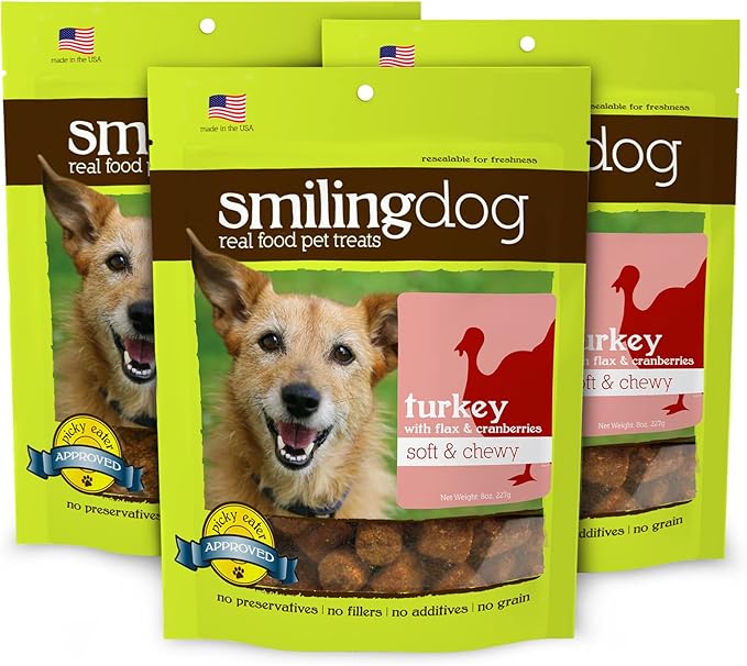 Herbsmith Smiling Dog Treats - Soft and Chewy Dog Treats for Senior Dogs - Dog Training Treats Turkey, Flax, and Cranberry Treats for Dogs - Bundle of 3