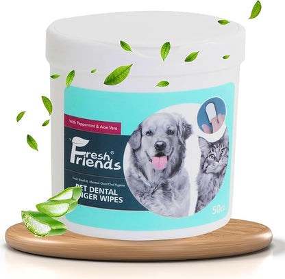 FRESH FRIENDS Best Dog Dental Care Finger Wipes - Reduces Plaque & Freshens Breath - Dental Wipes for Dogs Teeth Cleaning - Dog Dental Wipes - Dog Tooth Wipes - 50 Count - Peppermint & Aloe Vera