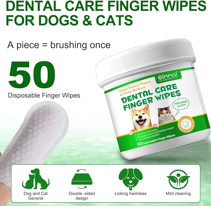 Dental Care Finger Wipes for Dogs, 50Pcs Teeth Cleaning Wipes for Dogs & Cats, Reduces Plaque, Tartar & Freshen Breath, No-Rinse Dog Finger Toothbrush, 50 Counts Disposable Wipes
