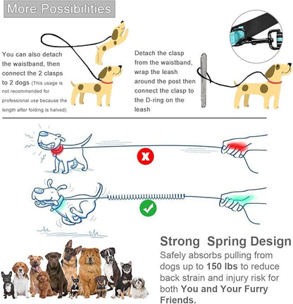 PHILORN Hands Free Dog Leash for Running, Jogging | Reflective Stitching, Adjustable Waist Belt(24"-47"), Phone Pouch, Shock Absorbing Dual Handle Bungee(47"-67") for Large Dog