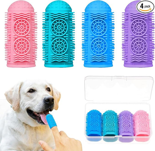 4 Pack Dog Toothbrush Kit, 360°Silicone Dog Finger Toothbrush for Gum Massage, Tongue Cleaning, Dog Tooth Brushing Kit with Storage Box, Pet Toothbrush for Dogs Cats Teeth Cleaning