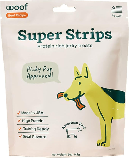 WOOF Super Strips, Protein-Rich Dog Treats, Beef Jerky for Dogs, Training Treats or Meal Booster, Made in The USA