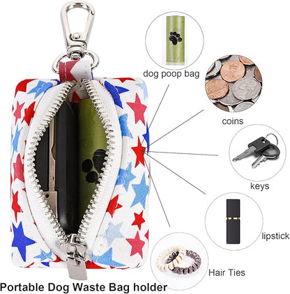 ARING PET Dog Waste Bag Dispenser, Cotton Doggy Poop Bags Holders Attach to Any Leashes, Portable Washable American Flag Pet Waste Pouch Dispenser with Metal Zipper