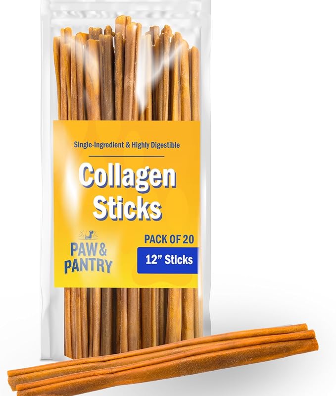 Paw & Pantry 12" Beef Collagen Sticks for Dogs (20 Pk) - Rawhide Free All Natural Collagen Chews for Dogs - Long Lasting Dog Collagen Sticks - Dog Treats Promote Hip, Joint, Skin, Coat, Dental Health