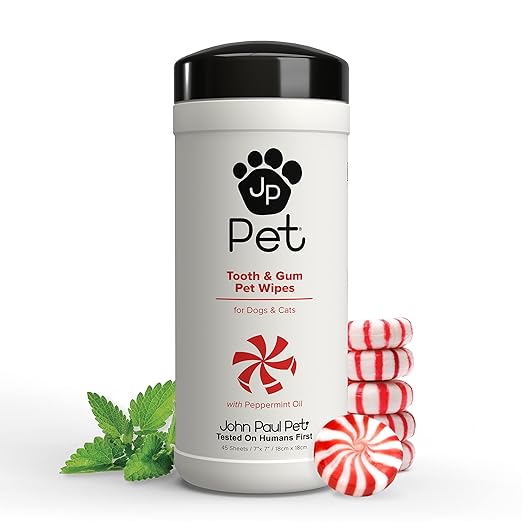 John Paul Pet Tooth & Gum Pet Wipes for Dogs and Cats, 2 in 1, Infused with Peppermint Oil, Safely Clean Plaque, Cruelty Free, Paraben Free, Made in USA, 45 Count, (JPPW05)