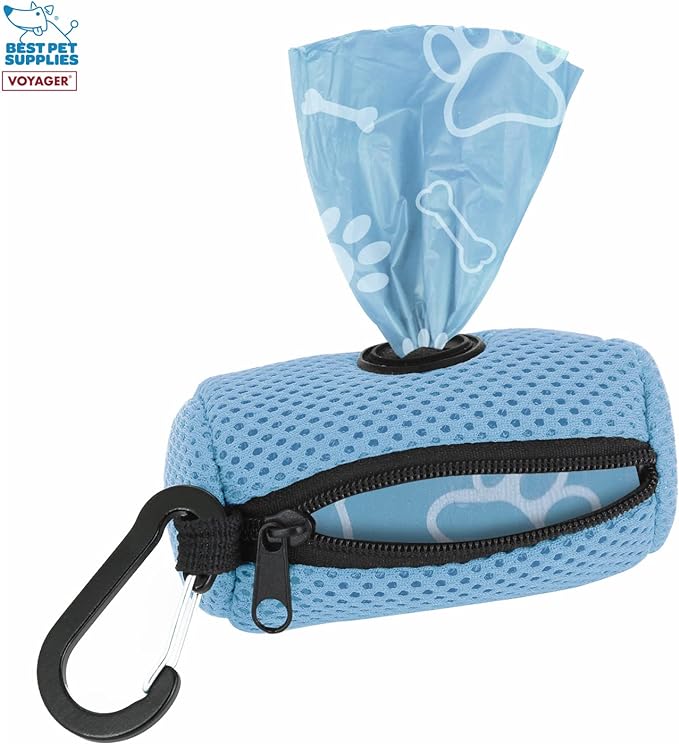 Best Pet Supplies Dog Poop Bag Holder Leash Attachment with 15 Bags, Baby Blue, Reusable Mesh Dispenser Pouch for Travel, Walking, Park, and Outdoor Use, Soft and Durable with Clip-On