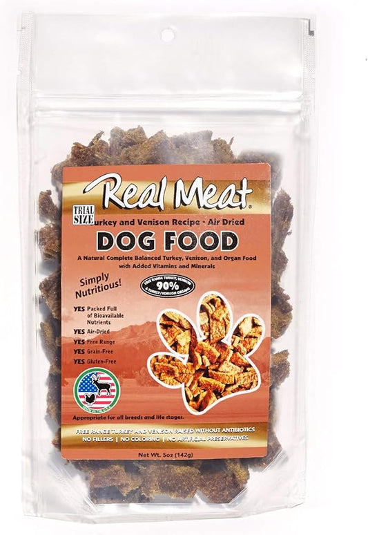 Real Meat Air Dried Dog Food w/Real Turkey & Venison - 5oz Bag of Grain-Free Real Meat Dog Food Sourced from Free-Range Turkey & Deer - Digestible, All-Natural, & High-Protein Turkey and Venison