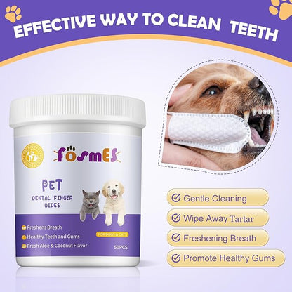 Teeth Cleaning Finger Wipes for Dogs & Cats, Reduces Tartar & Freshens Breath Finger Wipes，Natural Mild Ingredients,Disposable Pet Teeth Clean Finger Wipes-50PCS