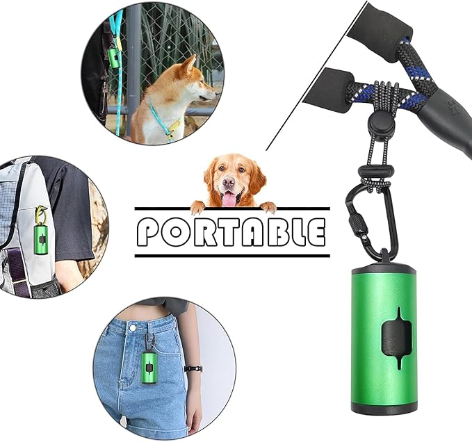 2 Pack Metal Dog Poop Bags Holder Aluminum Poo Bags Dispenser with 30 Black Unscented Pet Waste Bags and 3 Leash Accessories for Dog Walking(2 Holders 30 Bags,Green)