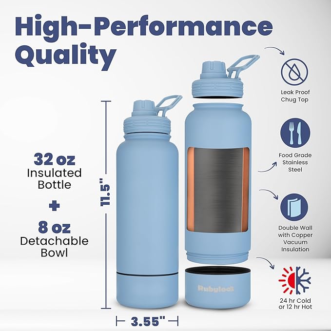 Dog Water Bottle for Dog Lovers - 32 oz Stainless Steel Double Wall Insulated Water Bottle with 8 oz Attached Dog Bowl - Dog Mom Gifts for Women for Travel, Hiking & Everyday Adventures - Dusty Blue