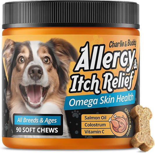 CHARLIE & BUDDY Dog Allеrgy Chews, Immunе Support & Itсh Rеlief for Dogs, Skin and Coat Supplements with Omega 3 Fish Oil, ACV, Vitamin C, & Probiotics for Dogs, 90 Soft Chews, Chicken Flavor, Wrap