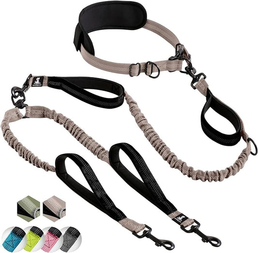 SparklyPets Hands Free Double Dog Leash – Dual Dog Leash for Medium and Large Dogs – Dog Leash for 2 Dogs with Padded Handles, Reflective Stitches, No Pull, Tangle Free (Brown, for 2 Dogs)