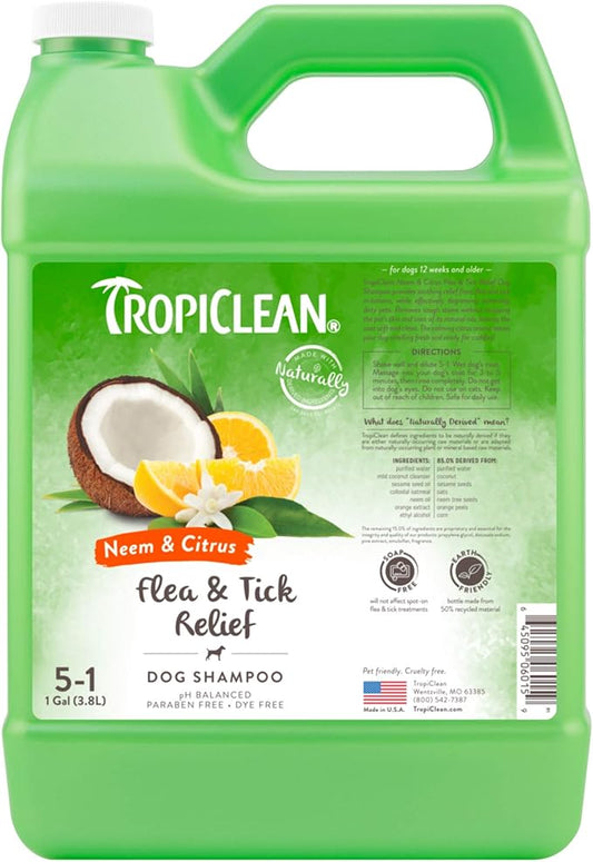 TropiClean Citrus & Neem Oil Flea Shampoo for Dogs | Tick and Flea Bite Relief for Dogs | Natural Dog Shampoo Derived from Natural Ingredients | Made in the USA | 1 gallon