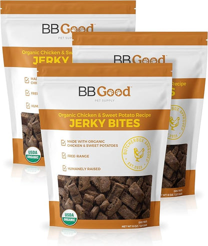 Dog Treats from ButcherBox - Organic Chicken and Sweet Potato Jerky Bites for Small and Large Dogs, Grain Free, Made and Sourced in The USA, 8 oz Bag (3 Count)