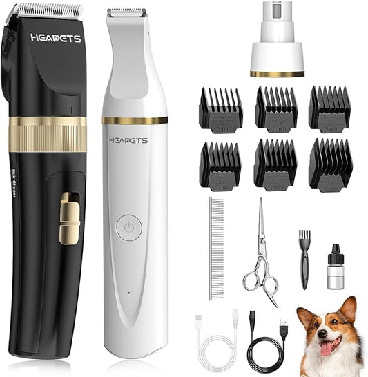 Dog Hair Clippers for Grooming Kit and Dog Paw Trimmer for Grooming, Low Noise Rechargeable Cordless, Shaver Grooming Supplies for Pet Cats Dogs (Black, White)