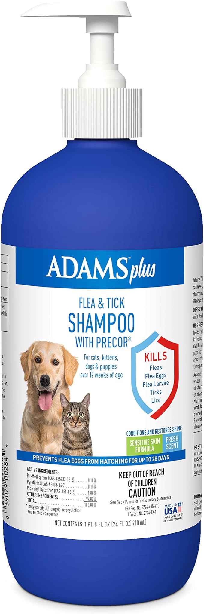 Adams Plus Flea & Tick Shampoo with Precor for Cats, Kittens, Dogs & Puppies Over 12 Weeks Of Age |Sensitive Skin Flea Treatment |Kills Adult Fleas, Flea Eggs, Ticks, and Lice |24 Oz, Pump Included