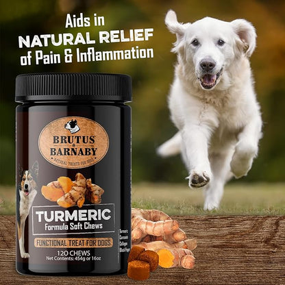 BRUTUS & BARNABY Turmeric for Dogs- Organic Turmeric with Curcumin, Soft Chews with Collagen and Bioprene Provides Hip and Joint Support Reduces Inflammation from Arthritis