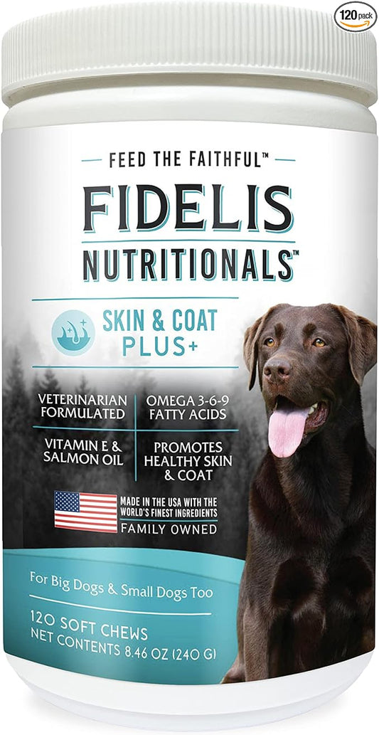 FIDELIS Skin and Coat Supplement for Dogs (120 Vitamin Soft Chews), Made in USA, Vitamin E & Salmon Oil, Omega 3-6-9 Fatty Acids, Healthy Skin and Lustrous Coat, Veterinarian Formulated