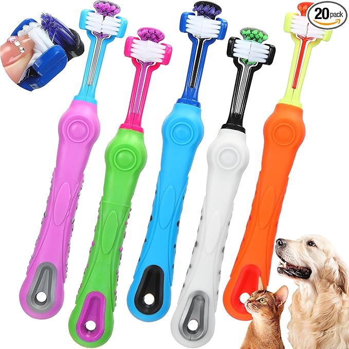 Tioncy 20 Pcs 3-Sided Dog Toothbrush Pet Toothbrush 6.8 Inches Dog Brush Dog Teeth Cleaning Brush Removing Bad Breath Tartar for Dogs Cats Pet Dental Care Mouth Cleaning, 5 Colors