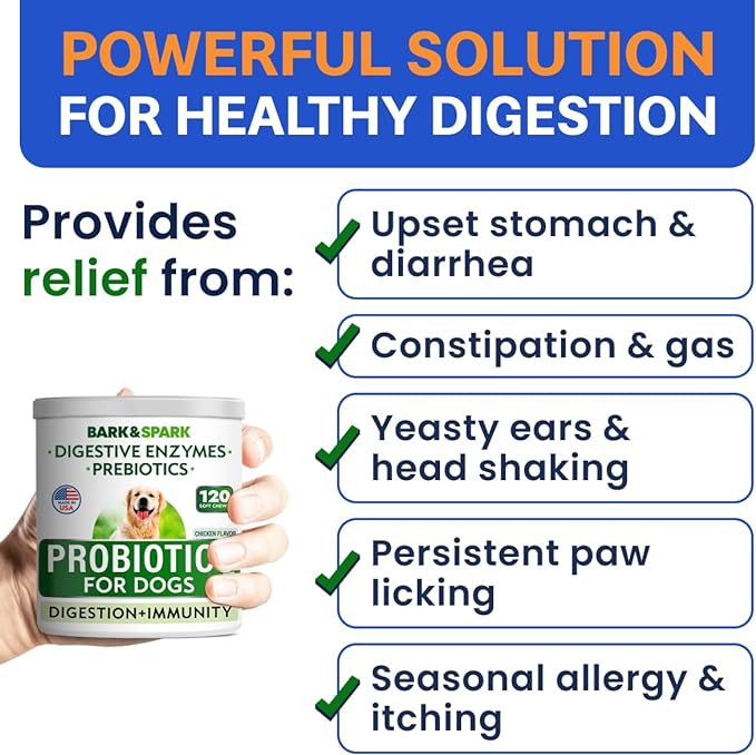 Bark&Spark Dog Probiotics & Digestive Enzymes (Gut Health) Allergy & Itchy Skin - Pet Diarrhea Gas Treatment Upset Stomach Relief, Digestion Health Prebiotic Supplement Tummy Treat (120Ct Chicken)