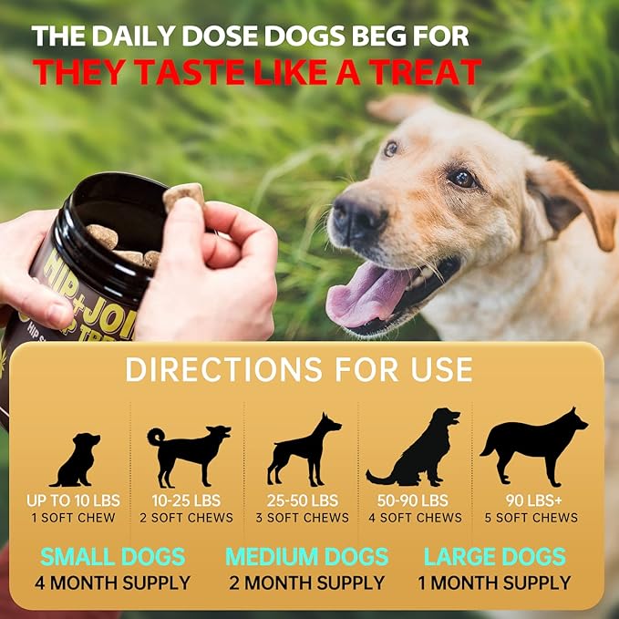 Hemp Hip and Joint Supplement for Dogs - Glucosamine for dogs - Chondroitin, Hemp Oil, MSM & Turmeric - Support Joint Mobility, Joint Pain Relief, Hip Dysplasia, Arthritis Health Care - 120 Chews