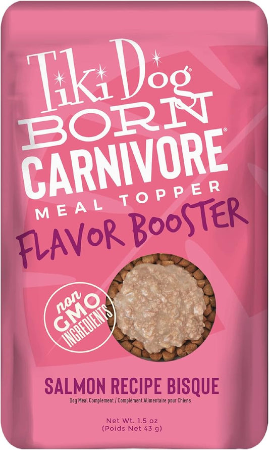 Tiki Dog Born Carnivore Flavor Booster, Salmon Recipe Bisque, Grain Free Meat Based Treat, Meal Topper for All Dog Breeds and All Life Stages, 1.5 oz Pouch, Pack of 12
