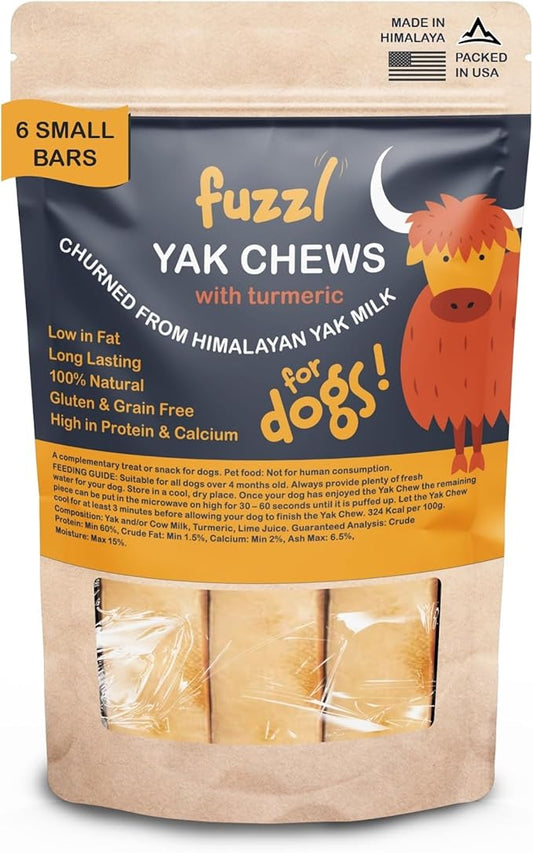Premium Yak Cheese Himalayan Dog Chews with Superfood Turmeric - 6 Bars Small Natural Dog Treats Milkbone Yak Chews No Hide Dog Food Long Lasting Dog Dental Sticks Milk Chews Cheese Stick
