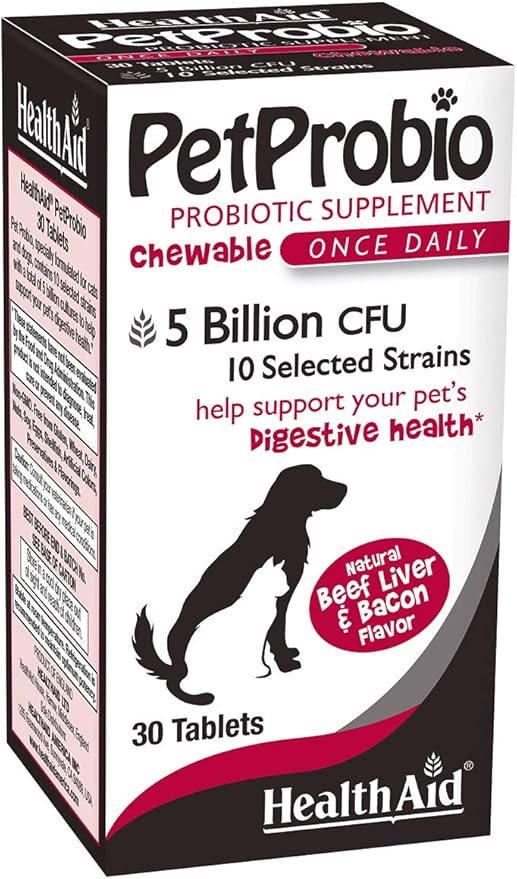 PetProbio, 5 Billion with Probiotic, 10 Strains, 30ct, Once Daily for Cats and Dogs, Helps with Pet’s Digestive Health, Natural Beef, Liver, & Bacon Flavor