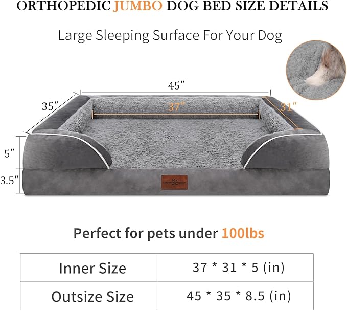Jumbo Dog Bed for Extra Large Dogs, Waterproof Orthopedic Dog Bed, Jumbo Breed Dog Bed, PV Washable Dog Sofa Bed with Removable Cover & Non-Slip Bottom(Jumbo,Grey)