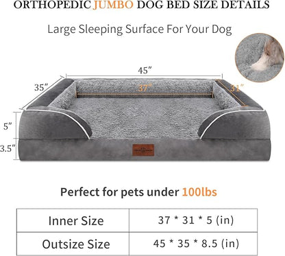 Jumbo Dog Bed for Extra Large Dogs, Waterproof Orthopedic Dog Bed, Jumbo Breed Dog Bed, PV Washable Dog Sofa Bed with Removable Cover & Non-Slip Bottom(Jumbo,Grey)