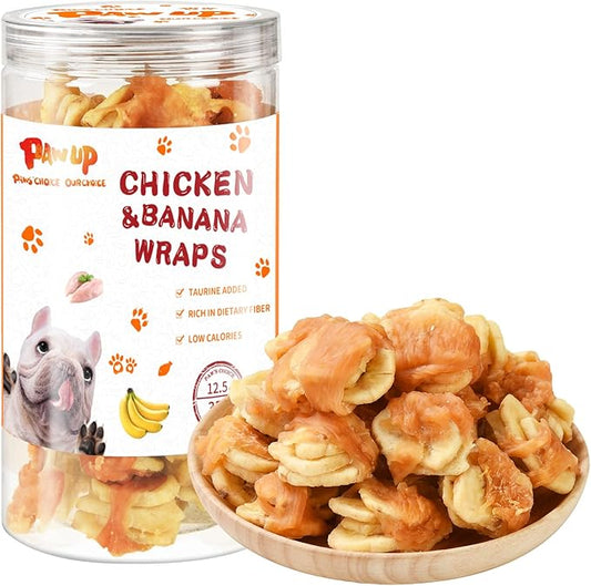Grain Free Dog Treats Chicken Wrapped Banana Slice, Rawhide and Gluten Free, w/Taurine Low Fat Healthy Chewy Training Treats, for Small Medium Large Dogs, 12.5 oz