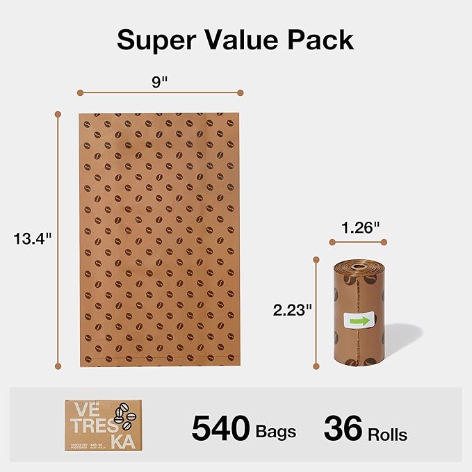 VETRESKA Dog Poop Bags, Coffee Scented Waste Bags, Leak Proof, Extra Thick and Large Dog Pet Bags for Dogs and Cats - 540 Count Bags (36 Refill Rolls)