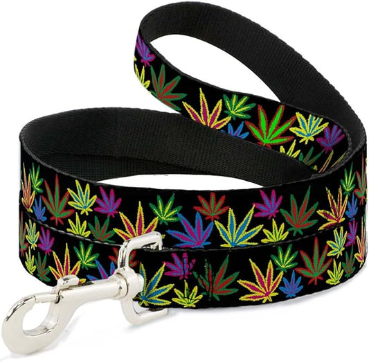 Dog Leash - 6-FEET - Multi Marijuana Leaves Black Multi Color