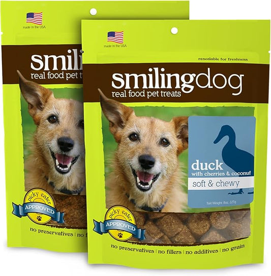 Herbsmith Smiling Dog Treats - Soft and Chewy Dog Treats for Senior Dogs – Dog Training Treats - Soft Duck Dog Treats with Cherries & Coconut - Bundle of 2