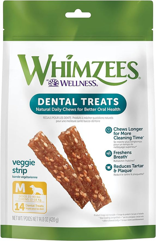 WHIMZEES by Wellness Veggie Strip Natural Dental Chews for Dogs, Long Lasting Treats, Grain-Free, Freshens Breath, Medium Breed, 14 count