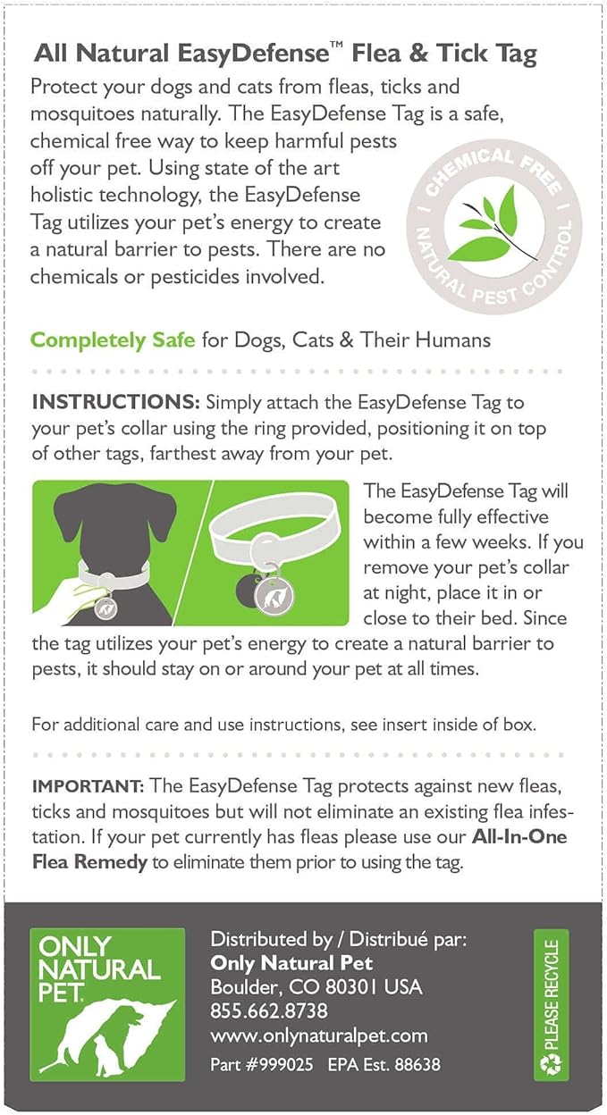 Only Natural Pet Easy Defense Tickless Flea & Tick Tag - Pest & Mosquito Repellent Shield for Dogs & Cats - Attach to Collar for Long-Lasting Prevention - Full Year Protection with a Single Tag