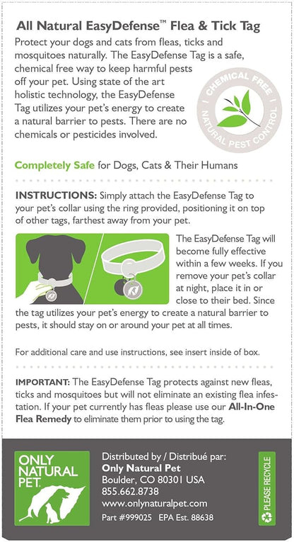 Only Natural Pet Easy Defense Tickless Flea & Tick Tag - Pest & Mosquito Repellent Shield for Dogs & Cats - Attach to Collar for Long-Lasting Prevention - Full Year Protection with a Single Tag