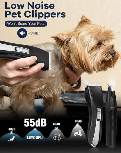 Dog Clippers Grooming Kit, 2 in 1 Professional Dog Clippers for Thick Heavy Coats, Low Noise Dog Paw Trimmer with LED Light, Cordless Rechargeable Pet Hair Shaver for Small & Large Dogs Cats
