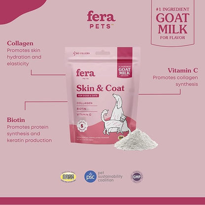Fera Pets Skin & Coat Goat Milk Cat & Dog Food Topper – Vet Created - Pet Coat Thickness & Skin Hydration - Collagen, Biotin & Vitamin C - 60 Servings