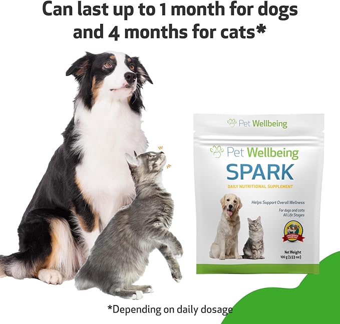 Pet Wellbeing Spark Daily Nutritional Greens Superfood for Dogs & Cats - Probiotics, Digestive Enzymes, Amino Acids, Antioxidants, Vitamin D, Spirulina & More - Vet-Formulated - 3.53 oz (100 g) Powder