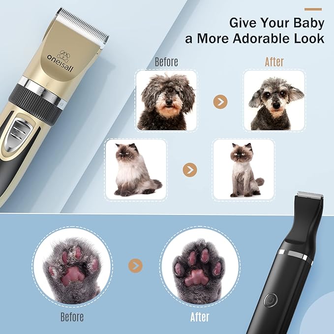 oneisall Dog Grooming Clippers and Dog Paw Trimmer Kit 2 in 1 Quiet Cordless Dog Clippers for Grooming Pet Hair Paws Trimmers for Small Dogs Cats Animals