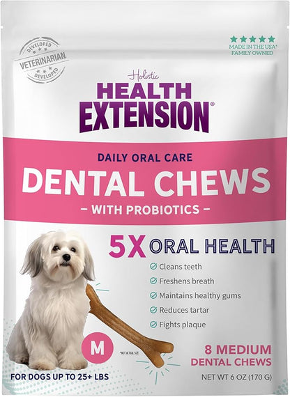 Health Extension Probiotic Dog Chew Bone Treats, Puppy Training Treat, Medium Sticks for Dental Teeth Cleaning & Breath Freshener, Medium (Pack of 8)