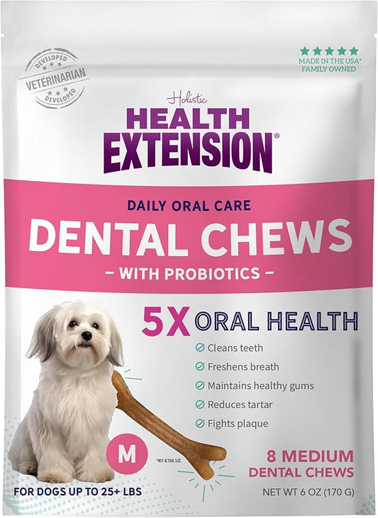Health Extension Probiotic Dog Chew Bone Treats, Puppy Training Treat, Medium Sticks for Dental Teeth Cleaning & Breath Freshener, Medium (Pack of 8)