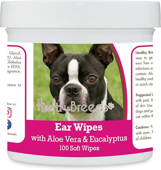 Healthy Breeds Boston Terrier Ear Cleaning Wipes with Aloe & Eucalyptus for Dogs 100 Count